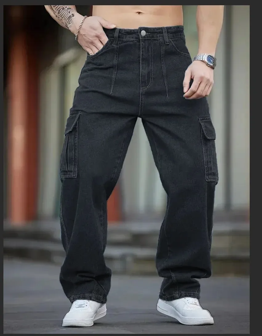 Herren-Jeans aus tiefblauem, gewaschenem Denim, Arbeitskleidung, lässiges Design mit mehreren Taschen, lockere Hose mit weitem Bein, Cargohose im Y2K-Stil — image 2