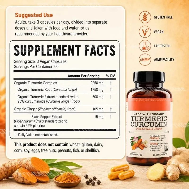 Veganské kapsle Kurkuma Curcumin Plus vyrobené s organickým zázvorem podporuje zdraví kloubů a zdraví srdce Kapsle bez GMO 90 — image 3