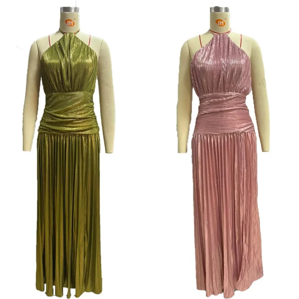 Gold Halter Neck Evening Dress Woman Chic Solid Color Pleated Backless Package Hip Slit Dress Fashion Trendy Lady Party Vestidos — image 6