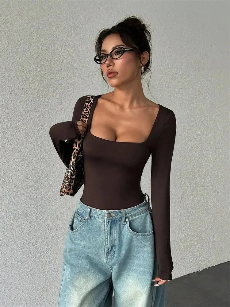 Baju Badan Lengan Panjang Leher Persegi Asas Blaus untuk Wanita Musim Gugur Musim Sejuk Seksi Slim Fit Pakaian Badan Warna Pejal Pakaian Jalanan Y2K — image 4