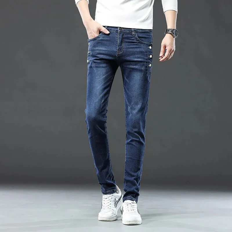 Nye mænd slanke, koreanske knap jeans, sorte skinny ensfarvede strækbare multi-knap, unge mandlige denimbukser Streetwear — image 3