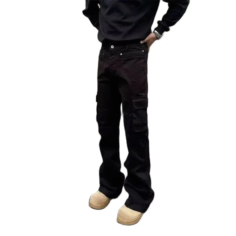 สไตล์อเมริกัน Vibe ย้อนยุคอุตสาหกรรมหนักหลายกระเป๋าประกบ workwear กางเกงยีนส์ผู้ชายหลอดตรงไมโครบานบางพอดีกระทะยาว — image 8