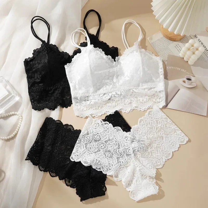 Women's Sexy Lace Bra Suit Solid Set Beautiful Back Hollow Out No Steel Ring Underwear With Lace Flower Breathable Panties — image 1