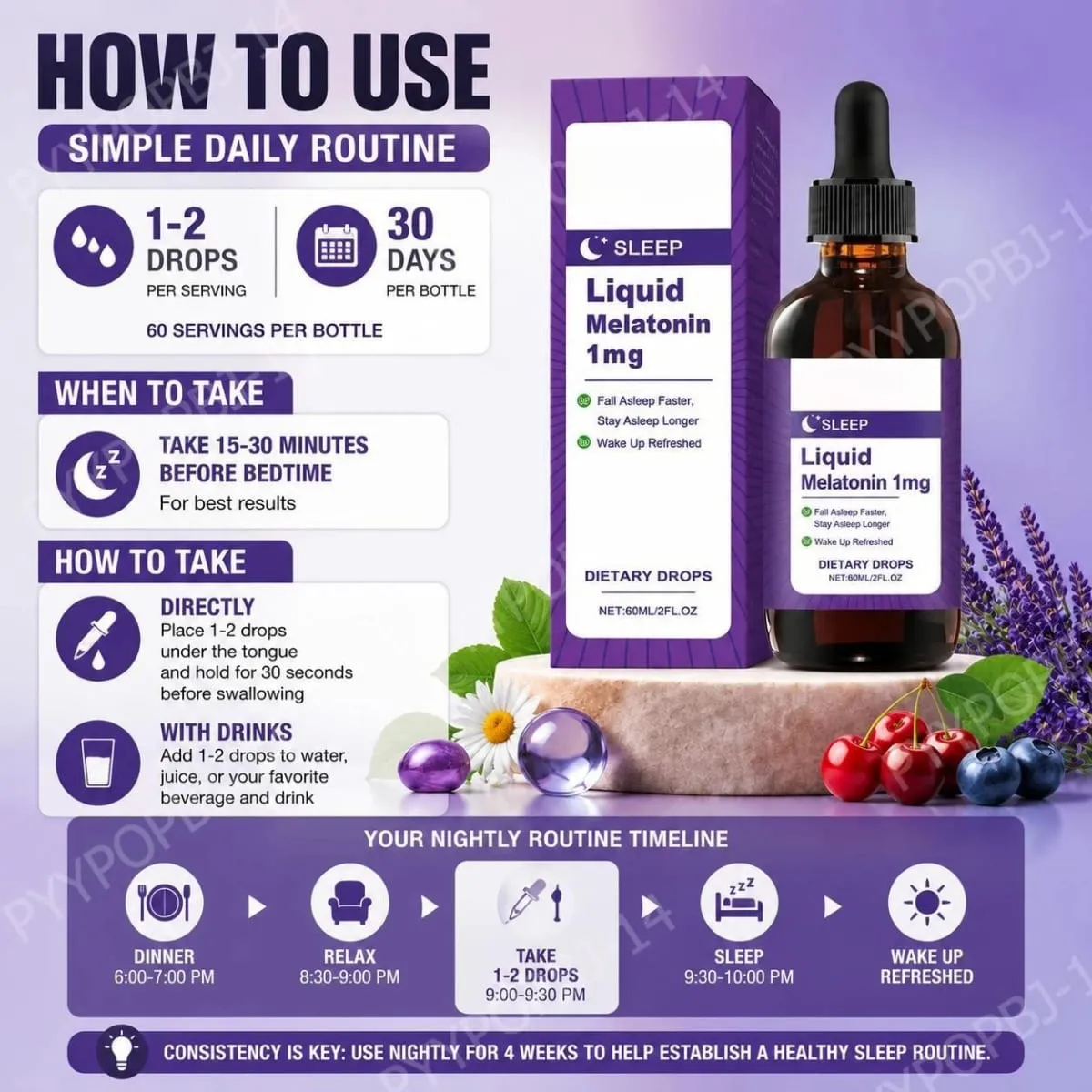 Melatonina liquida 1 Mg Gocce per dormire Estratto di foglie di menta Addormentarsi più velocemente Dormire più a lungo Svegliarsi rinfrescati 60 ML