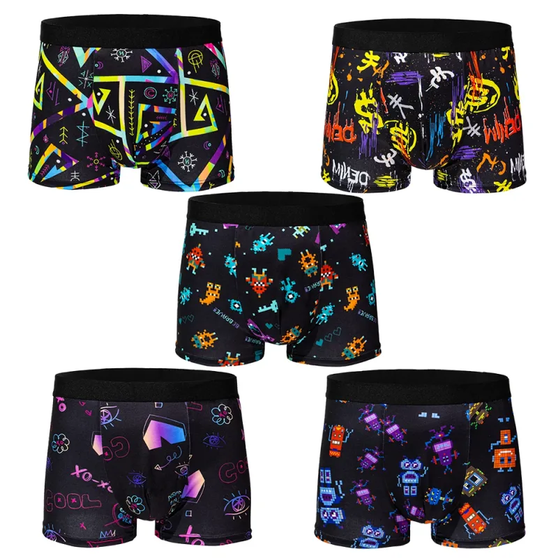 5 pezzi Intimo da uomo con stampa graffiti, pixel, cyberpunk, boxer comodo, casual e alla moda