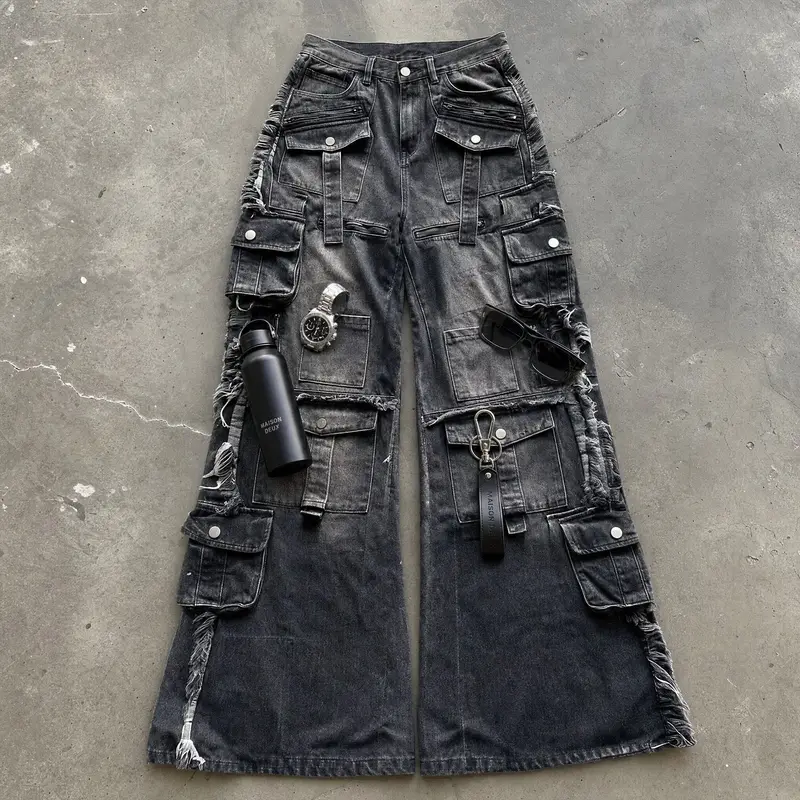 Y2Kสีดำหลายกระเป๋าCargoกางเกงยีนส์ผู้ชายผู้หญิงขากว้างDistressed Frayed Hem Flapกระเป๋าปุ่มรายละเอียดBaggy Streetwearกางเกง — image 2