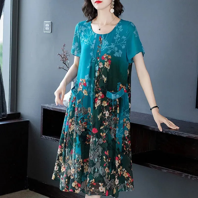 Mutter Kleidung Sommer Chiffon Kleider Oansatz Mid-Lange Gedruckt A-linie Kleid Große Größe Kurzarm Mittleren Alters frauen Vestidos — image 3
