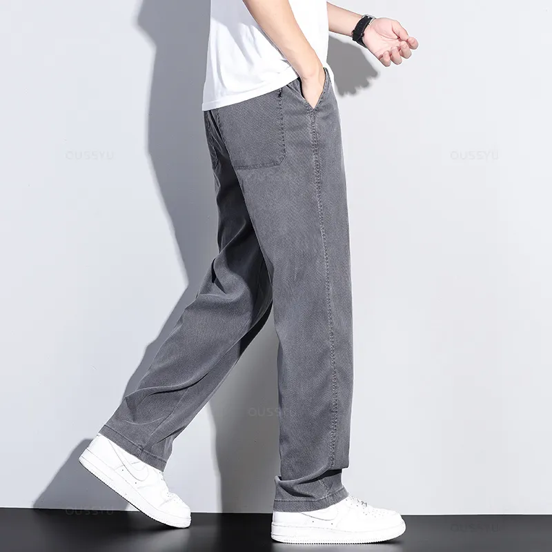 Summer New Upgrade Soft Lyocell Fabric Jeans Men Ultrathin Blue Elastic Waist Loose Straight Denim Trousers Male Plus Size 5XL — image 3