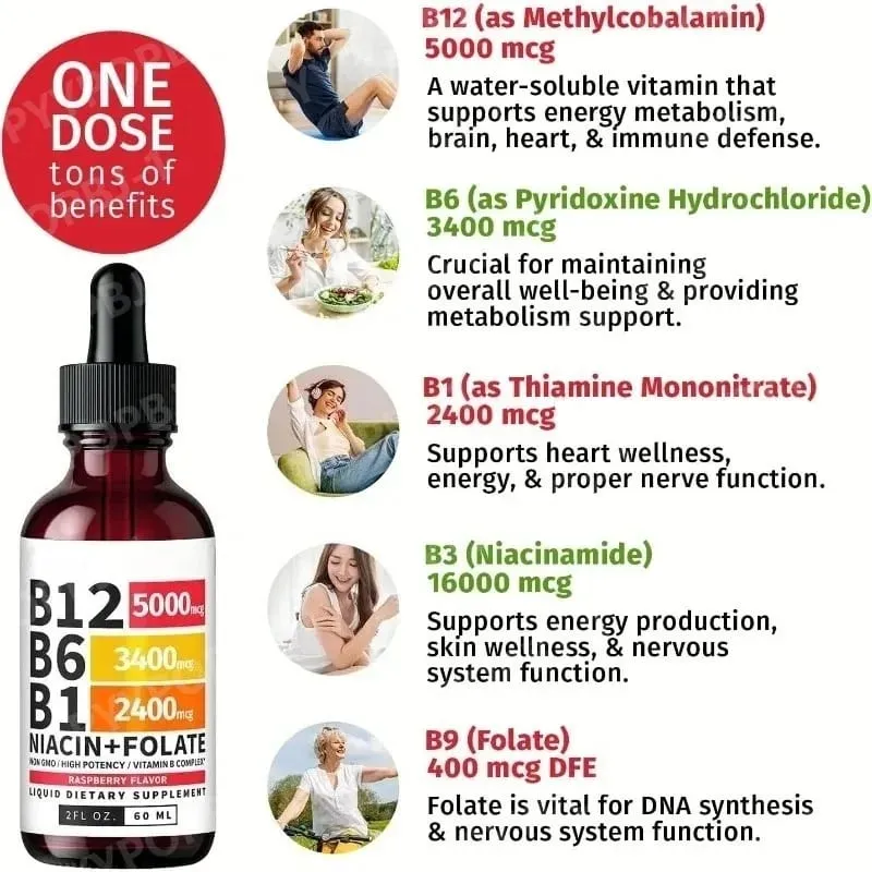 Gouttes liquides complexes de vitamine B 5 en 1, B12 B6 B1, niacine folate, soutien du métabolisme énergétique normal, santé du système immunitaire — image 6