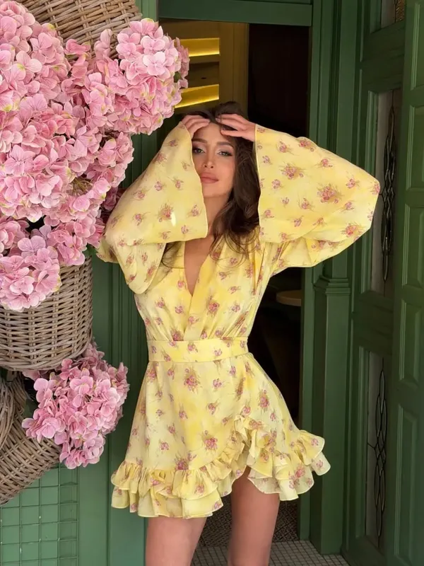Stampa floreale Volant Scollo a V Vita stretta Abiti lunghi Orlo diviso Monopetto Maxi vestito 2026 Party Beach Vacation Abiti — image 15