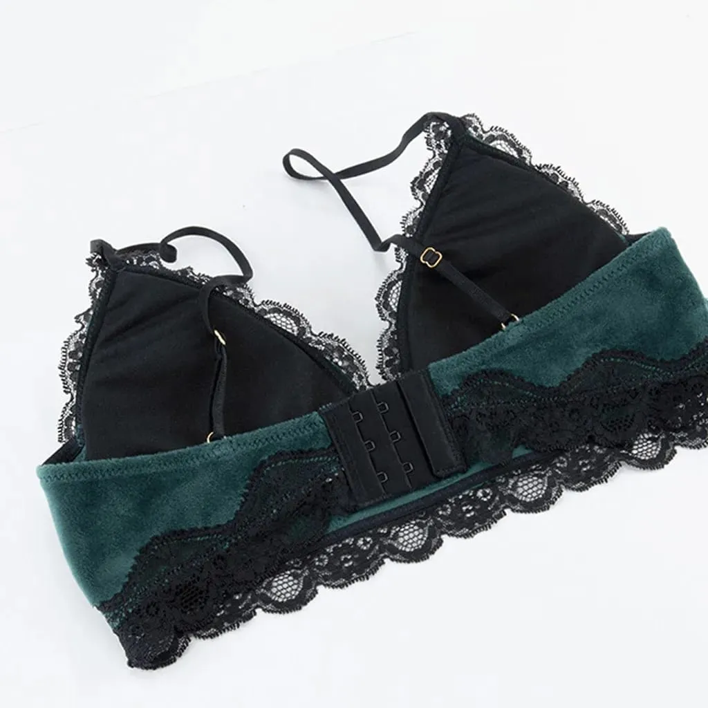 Solido Comodo Velluto Lingerie Per Le Donne Pizzo Floreale Riunito Reggiseni E Perizoma Set 2 Pezzi Seducente Lingerie Sexy Indumenti Da Notte Pigiama Set — image 3