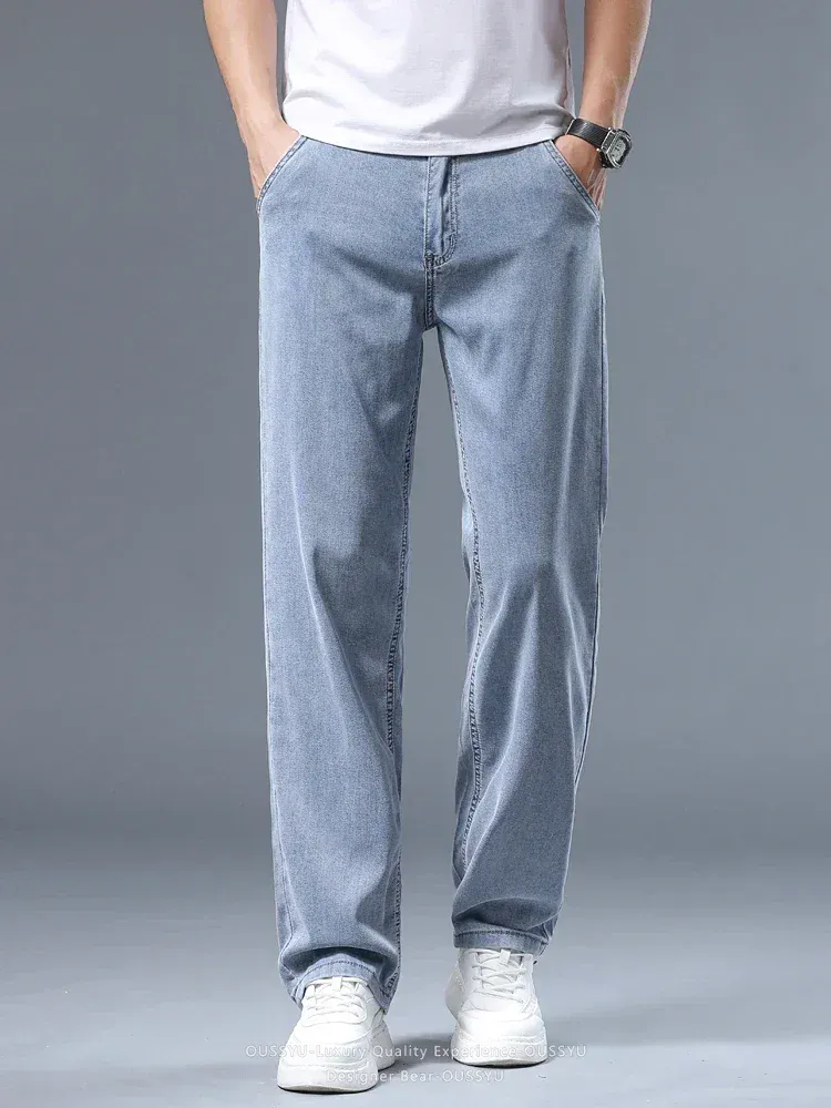 Jeans dritti larghi da uomo sottili estivi Pantaloni casual da lavoro in Lyocell morbido drappeggio Pantaloni di seta grigio fumo Plus Size 40 42