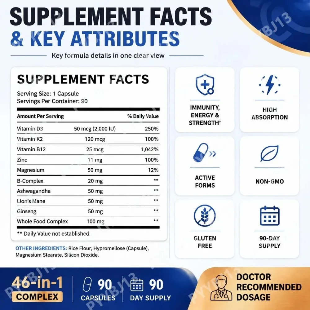 Multivitamin for Men 90 Capsules B Complex B12 Vitamin D3 K2 Zinc Magnesium Plant Extract Blend Non GMO Daily Nutrition Support — image 4