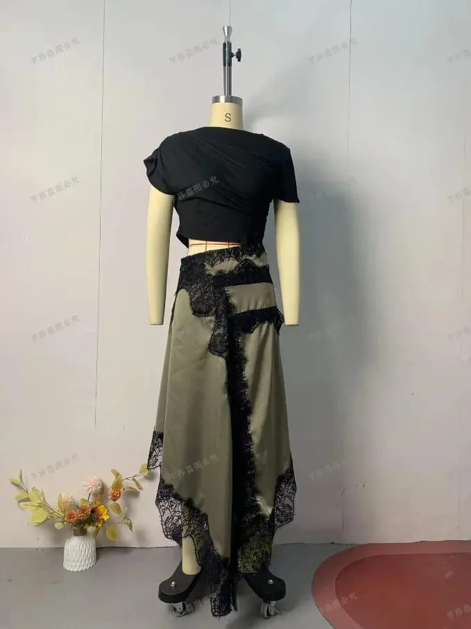 Womens Dresses 2025 Spring Summer New Solid Color Hollow Waist Irregular Lace Splicing Round Neck Short Sleeve Casual Dress — image 5