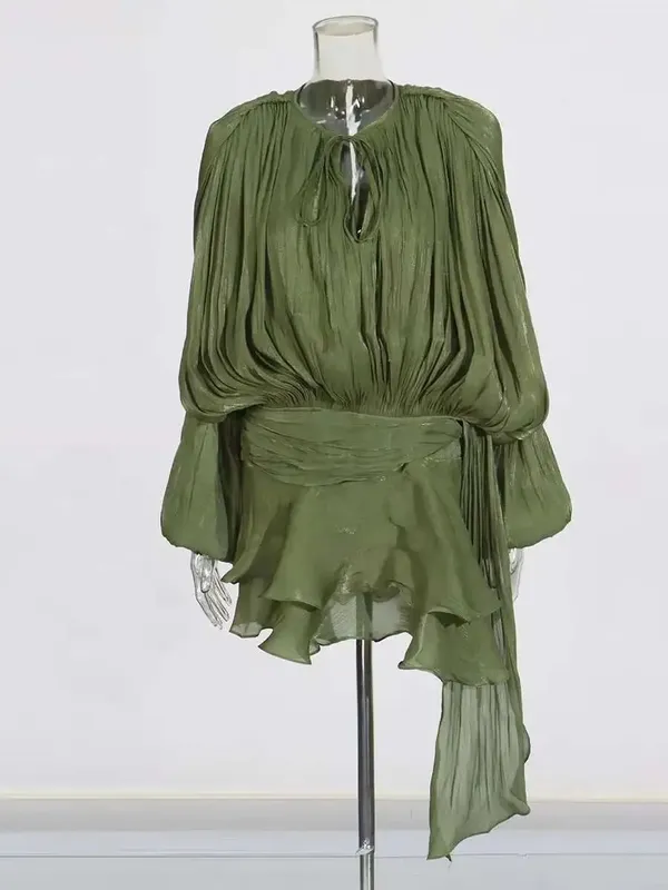 Solide Bluse Mini Kleider Für Frauen V-ausschnitt Langarm Verstärktes Spitze Up Süße Stil Kleid Weibliche Kleidung Mode — image 20