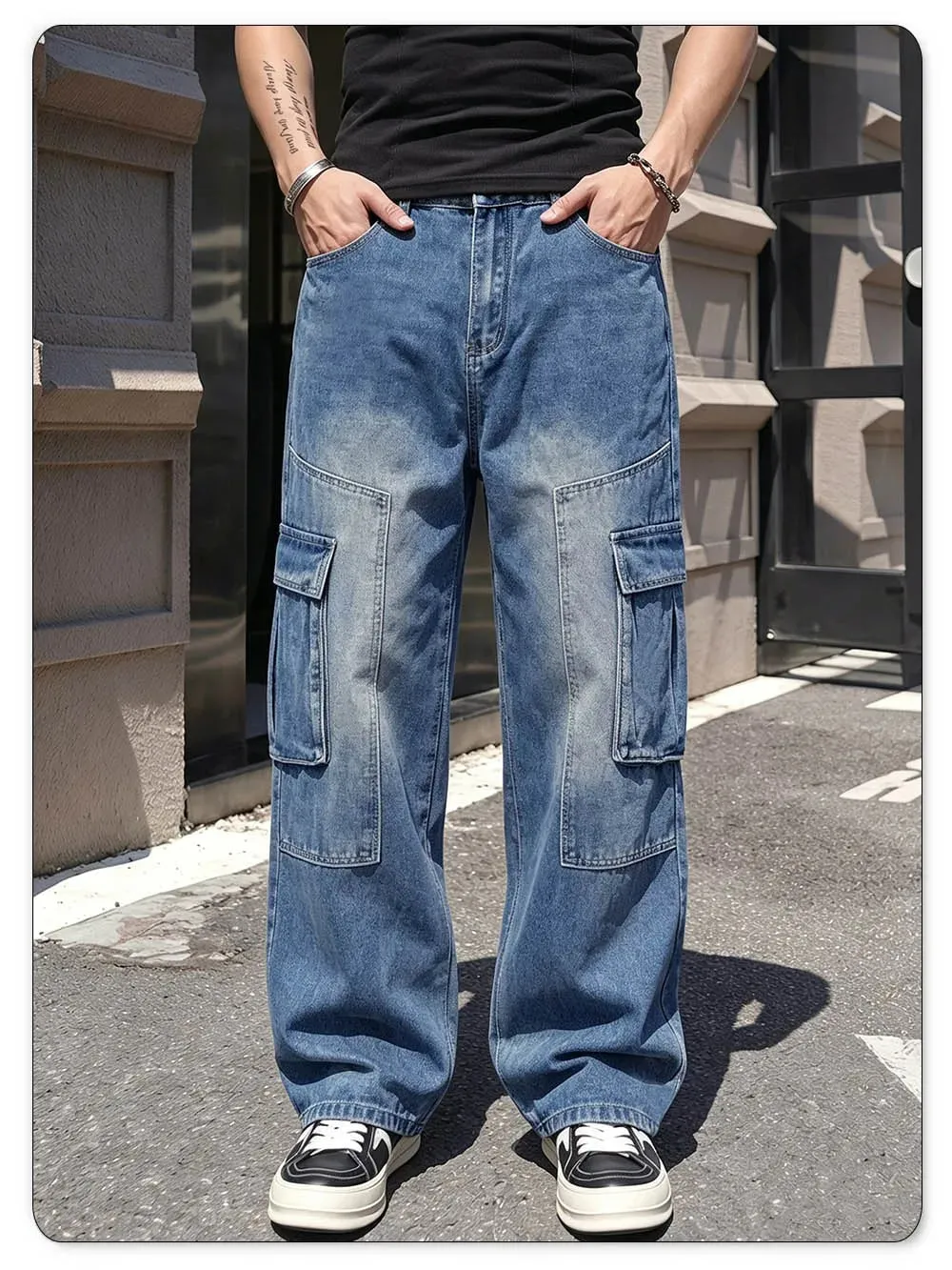 Męskie jeansy cargo w stylu retro z wieloma kieszeniami, odpowiednie na każdą porę roku. Luźne, proste nogawki. Codzienne, codzienne spodnie dżinsowe — image 4