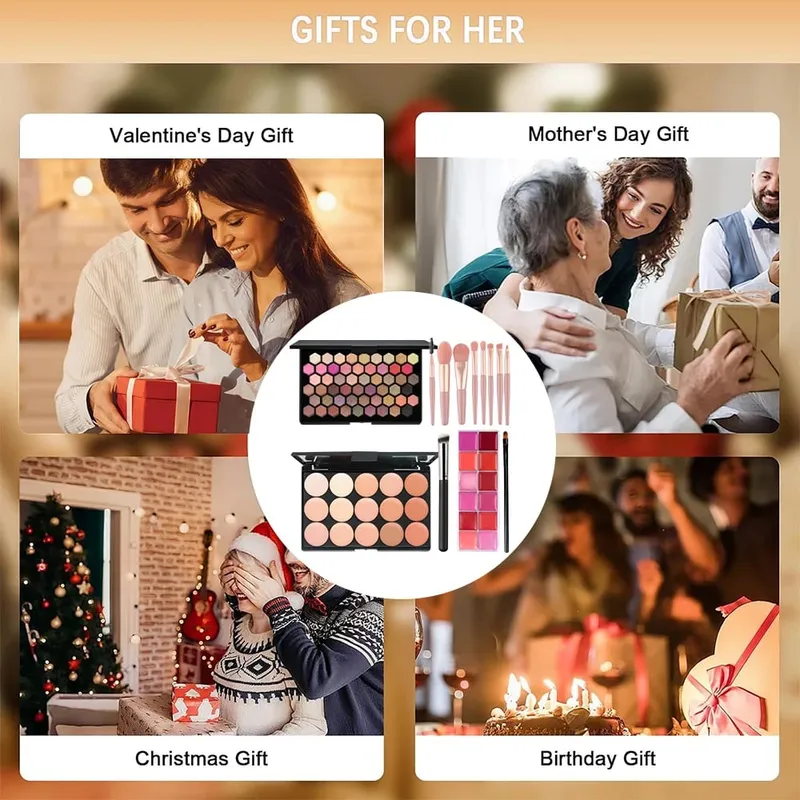 Kits de maquillage 6 pièces, Palette de fard à paupières 54 couleurs, Palette de correcteur de 15 couleurs, brillant à lèvres 12 couleurs avec 9 pinceaux, ensemble complet de pinceaux à lèvres — image 5