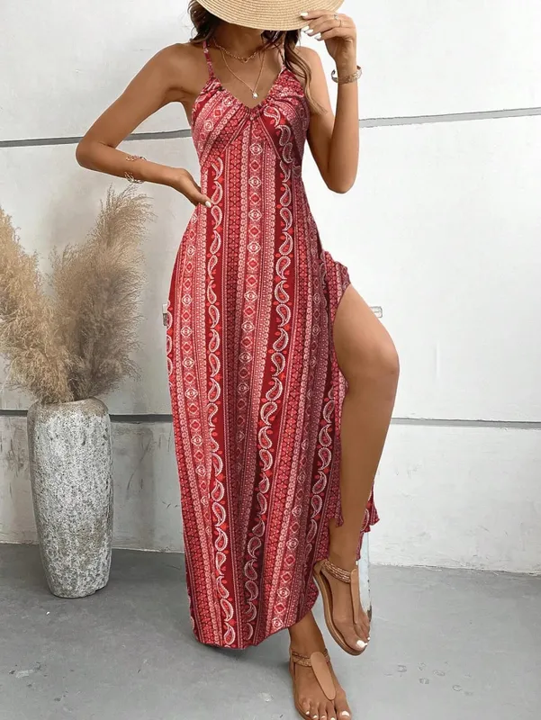 Abito estivo da donna con motivo etnico, spacco sulla coscia, abiti estivi da donna, abito lungo con volant alla moda Boho per la spiaggia — image 10
