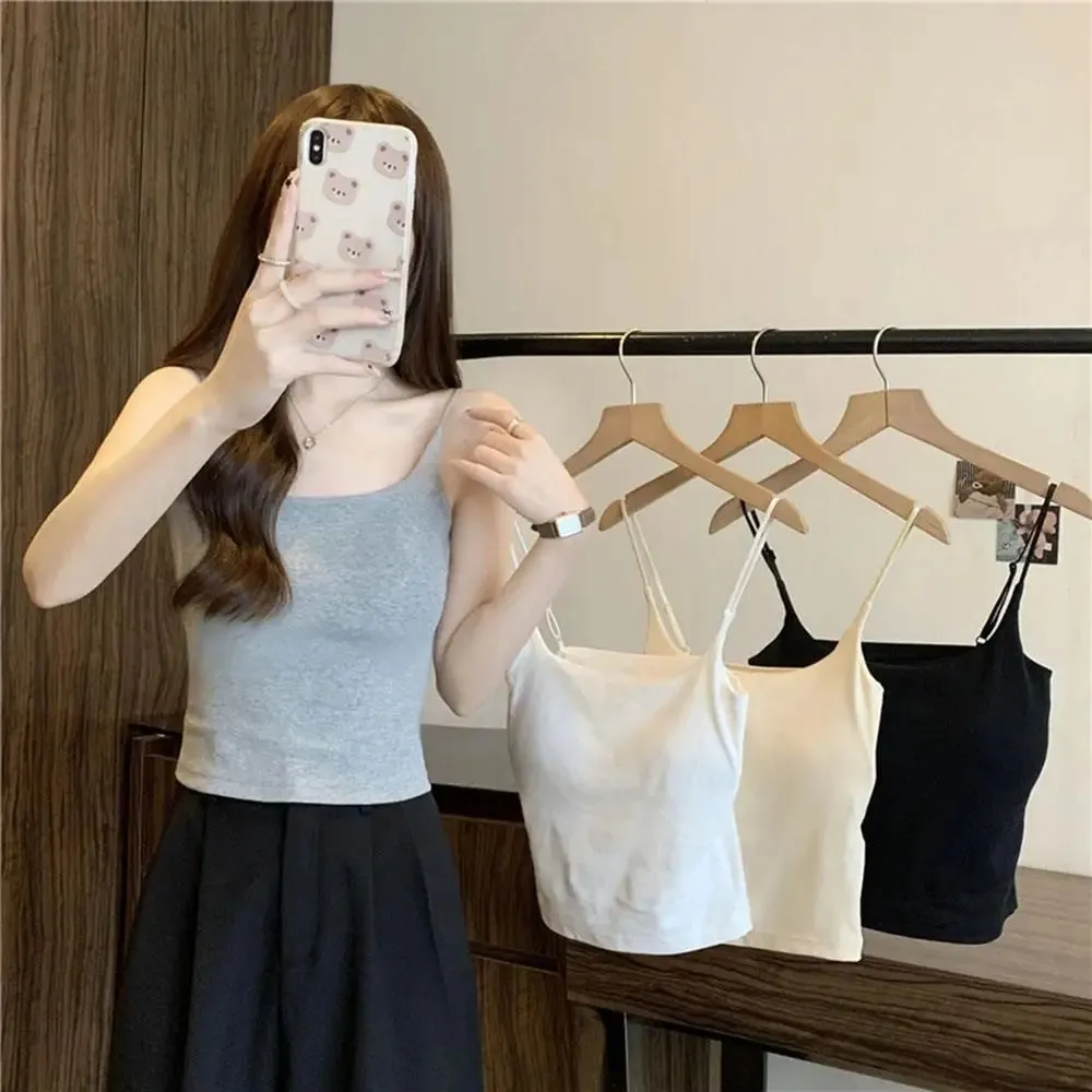 Basic Solid Camis Casual Sleeveless Spaghetti Strap Crop Top Square neck Tank tops With Built In Bra y2k Summer pambabaeng Damit — image 7