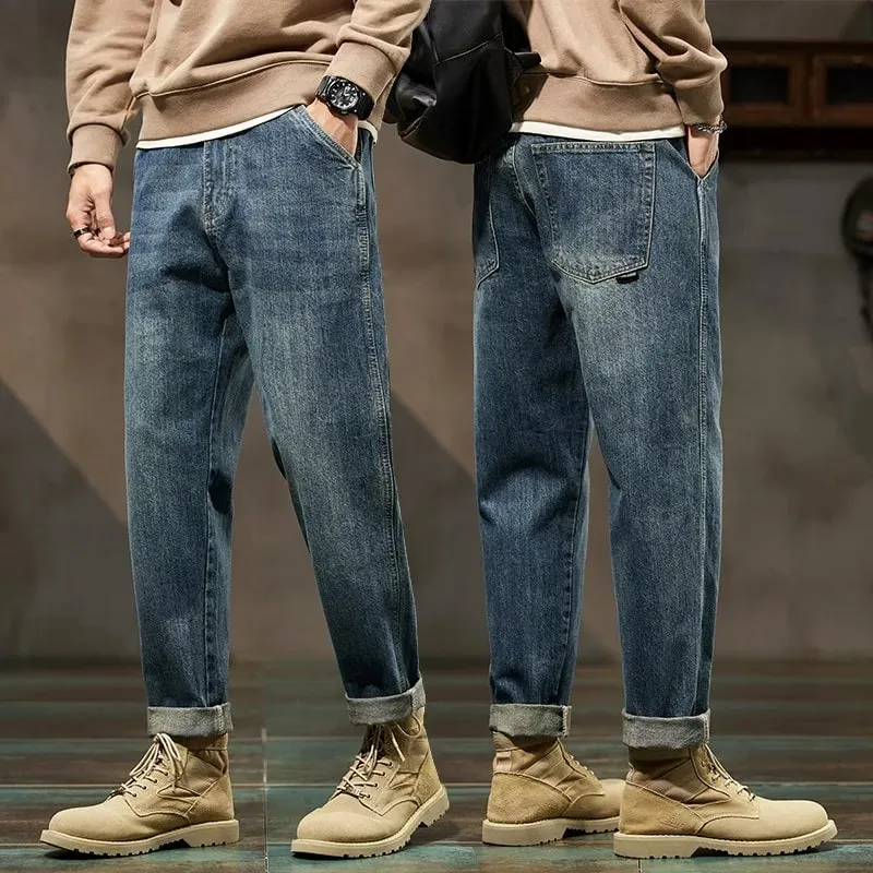 Mænds forår 2026 løse haremsbukser Denim Retro Solid Komfortable Harajuku lige jeans Simple Fashion Alsidige Cargo-bukser