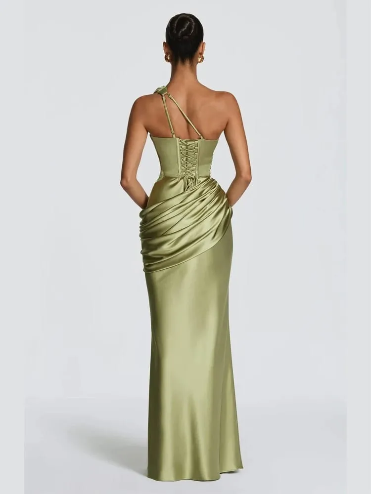 Cetim um ombro recorte vestido longo feminino elegante sólido ruched sereia ajuste fino flowy vestido 2026 senhora vestidos de noite verão — image 6