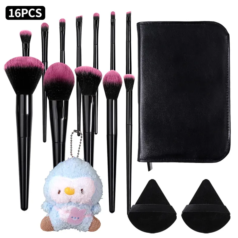 16 pezzi set di pennelli per trucco rosa sfumato pennelli cosmetici morbidi per capelli sintetici viso occhi con 2 soffi di polvere di velluto a triangolo nero mak