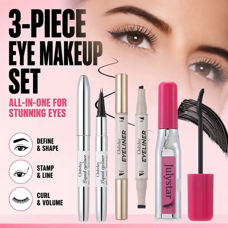 Kit pour les yeux 3 pièces longue tenue, eye-liner à double extrémité pour sourcils, tampon à ailes, eye-liner, mascara volumateur, créez des looks époustouflants — image 3