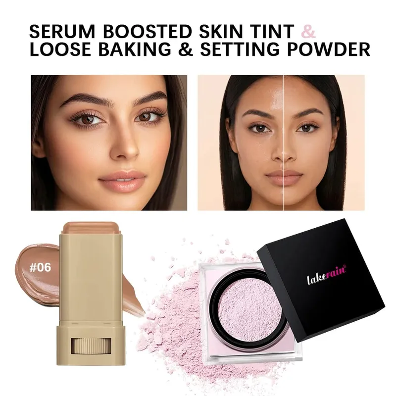 2pcs Foundation Tint Stick & Setting Powder Kit Kosmetik Liputan Kulit Sekata Kawalan Minyak Tahan Lama Kit Makeup Matte