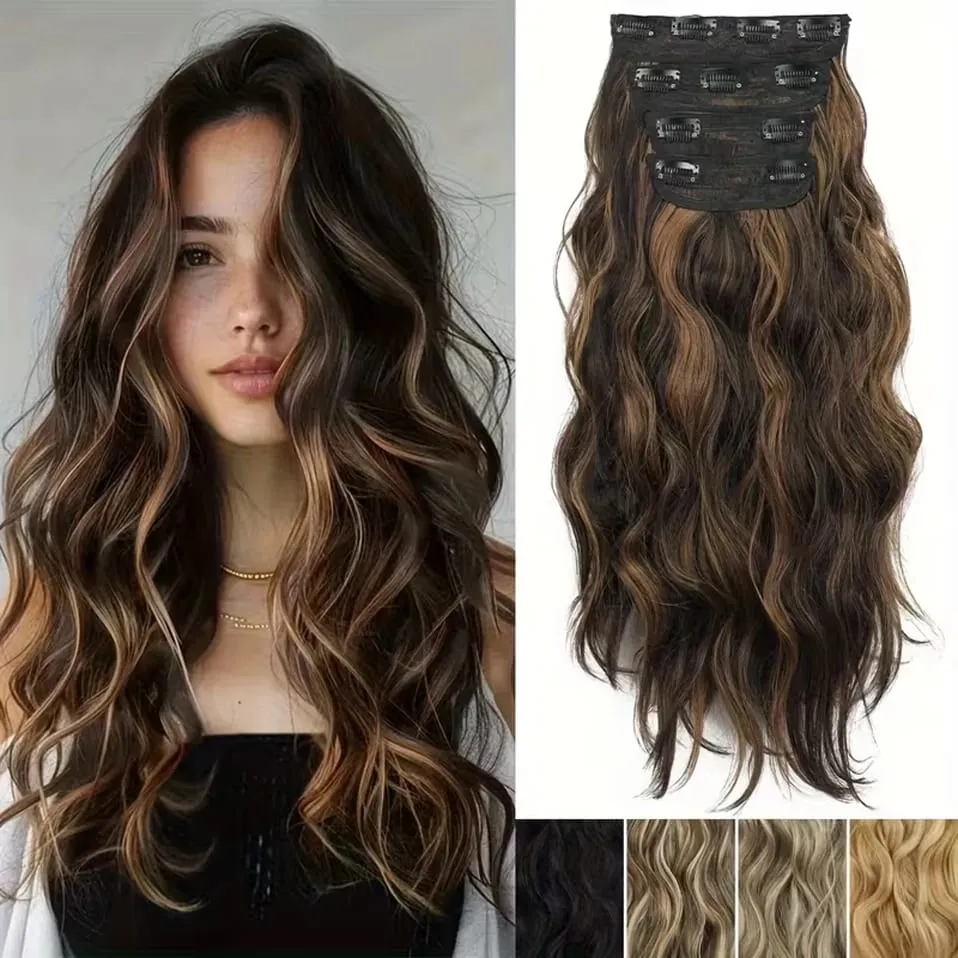 4 pièces ensemble pince dans les Extensions de cheveux mettre en évidence ondulé bouclés longs postiches synthétiques pour les femmes 22 pouces 180g pinces à cheveux cheveux — image 1