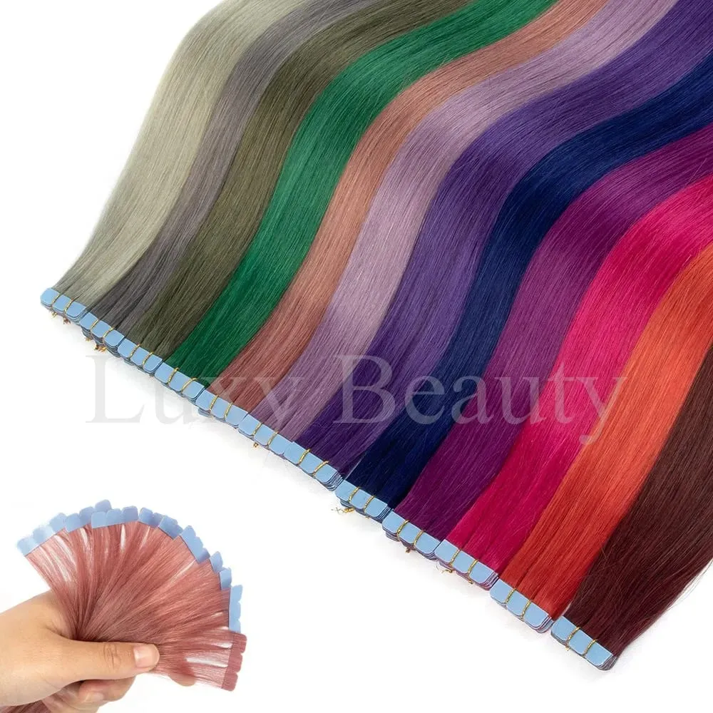 Colored Mini Tape in Hair Extensions Invisible Seamless Tape in Human Hair 10pcs/set Pink Red Green Purple Blue Mini Tape Hair — image 2
