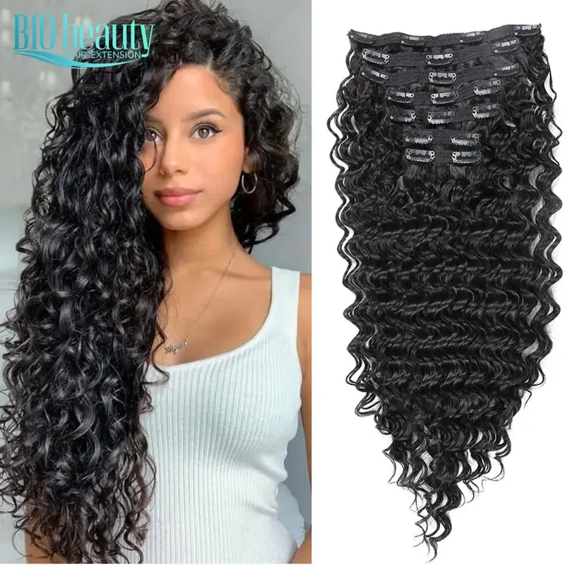 Extension synthétique à Clip pour femmes, Extension de tête complète, longue, crépue et bouclée, faux cheveux, épingle à cheveux noire et brune pour femmes — image 12