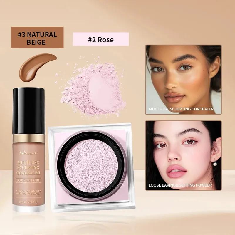 Set Solekan Wajah 2pcs Dengan Concealer dan Bedak Tetapan Longgar Wajah Asli Licin Matte Kemasan Kosmetik Wanita Makeup Korea