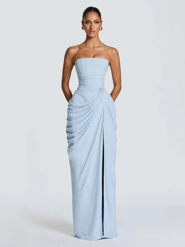 Robe plissée sans bretelles pour femmes, couleur unie, dos nu, épaules dénudées, taille haute, fendue, Sexy, robe de soirée, été, 2026 — image 7