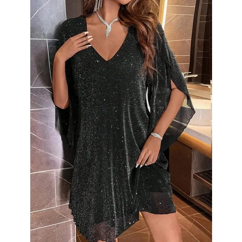 Heldere Sequin Jurken Vrouwen V-hals See Through Chiffon Patchwork Onregelmatige Halve Mouwen Losse Mini Jurk Vrouwelijke Vestidos 2024 — image 8