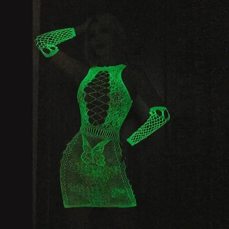 Women's Fluorescent Bodystocking Set Glow in Dark Fishnet Two-Piece UV Party Club Dance Costume