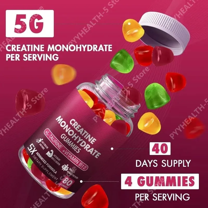 Creatine Monohydrate Gummies - 5g for Men & Women 80 Count Creatine Chewable Supplements for Muscle Gain Muscle Strength
