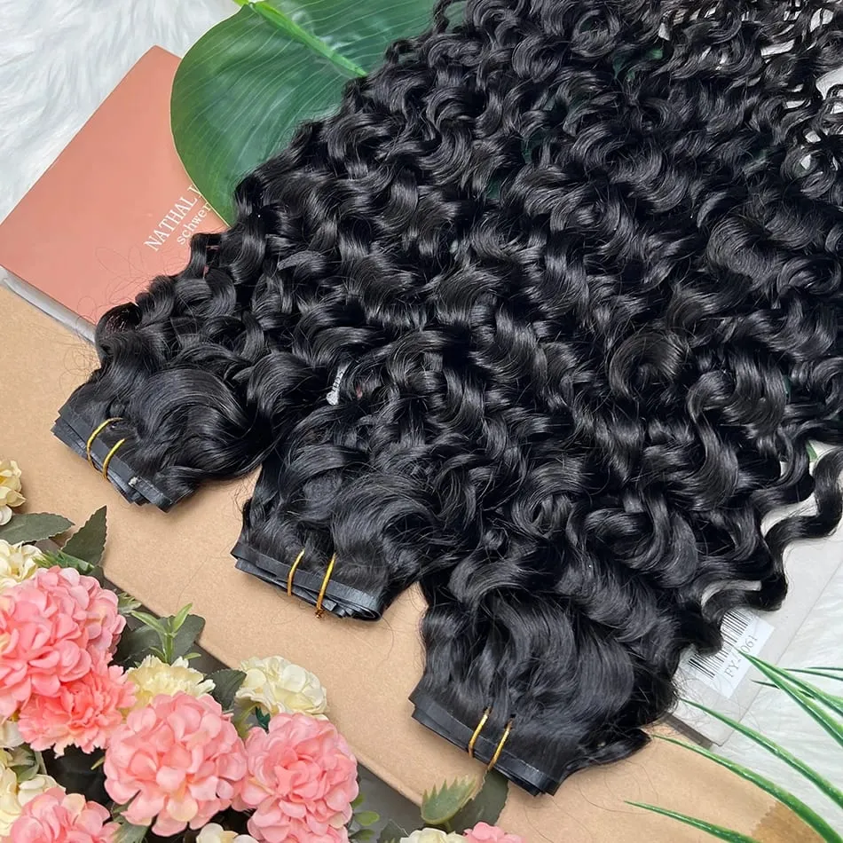 Wasserwellen-Clips in Echthaarverlängerungen, nahtloser PU-Schuss, unsichtbar, 100 Gramm, 7 Stück/Set, volles, unverarbeitetes Rohhaar, natürliche Farbe — image 2