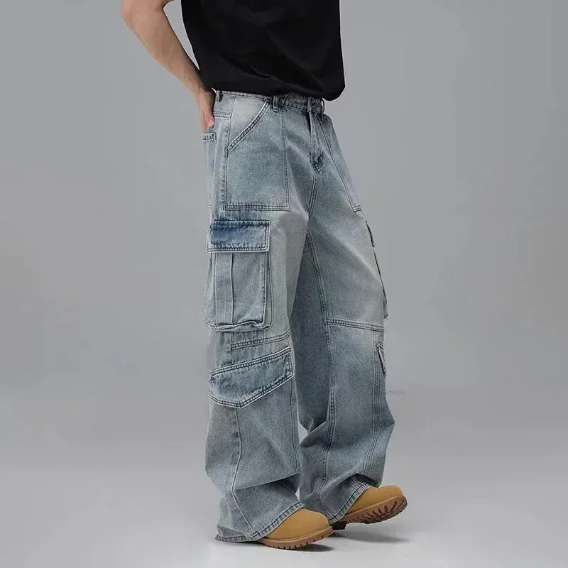 Mænds forår og sommer arbejdstøj design jeans med flere lommer Retrovaskede japanske og koreanske fritidsbukser Løse bukser med brede ben — image 2