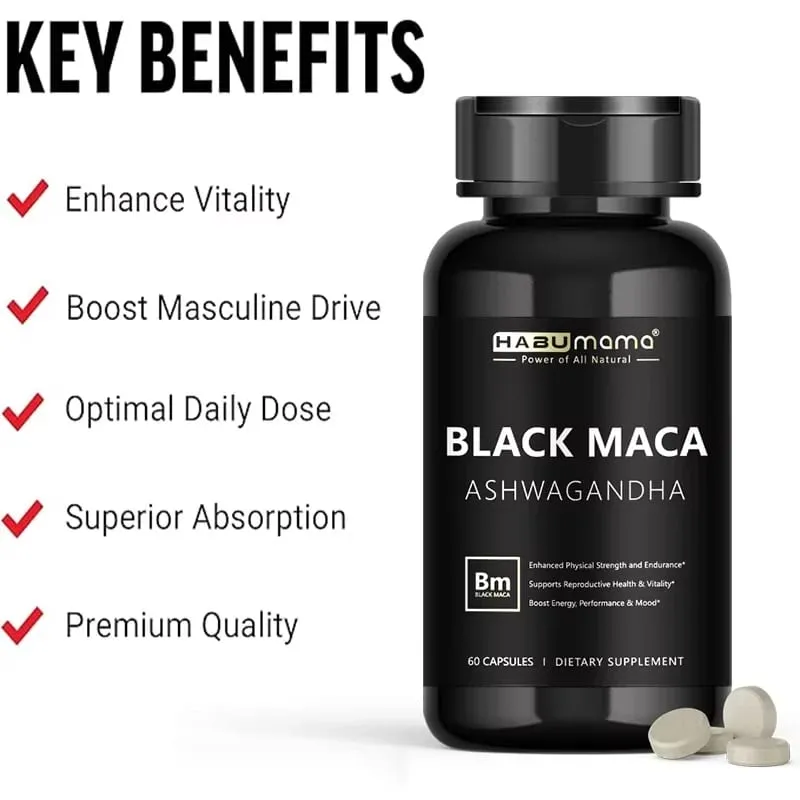 Maca noire biologique -60 comprimés 100% purs sans OGM, soutient la santé reproductive, énergisant naturel, rehausseur de performances d'endurance