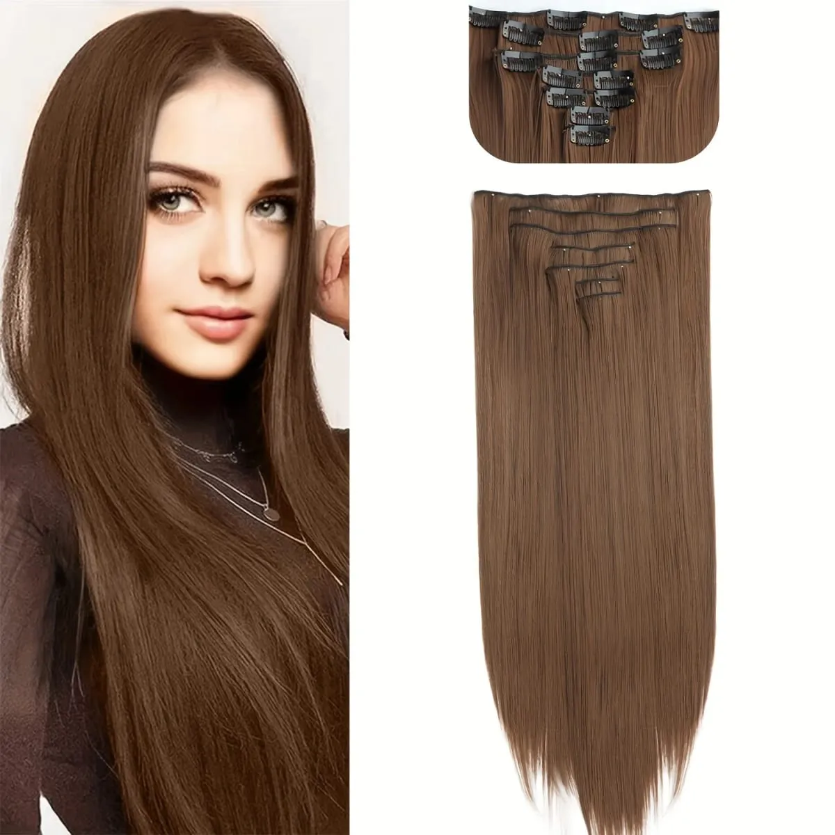 Coiffure longue droite 16 Clips 7 pièces/ensemble Extensions de cheveux postiches synthétiques blondes noires naturelles résistantes à la chaleur pour les femmes — image 41