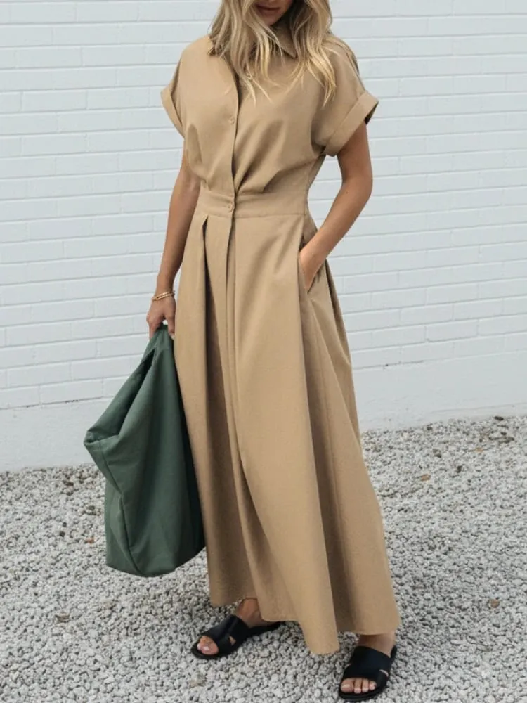 Elegant Chic ผู้หญิงชุดยาวลำลองแขนสั้นคอเอวสูง Casual & Day เสื้อชุดสีทึบ S-3XL — image 2