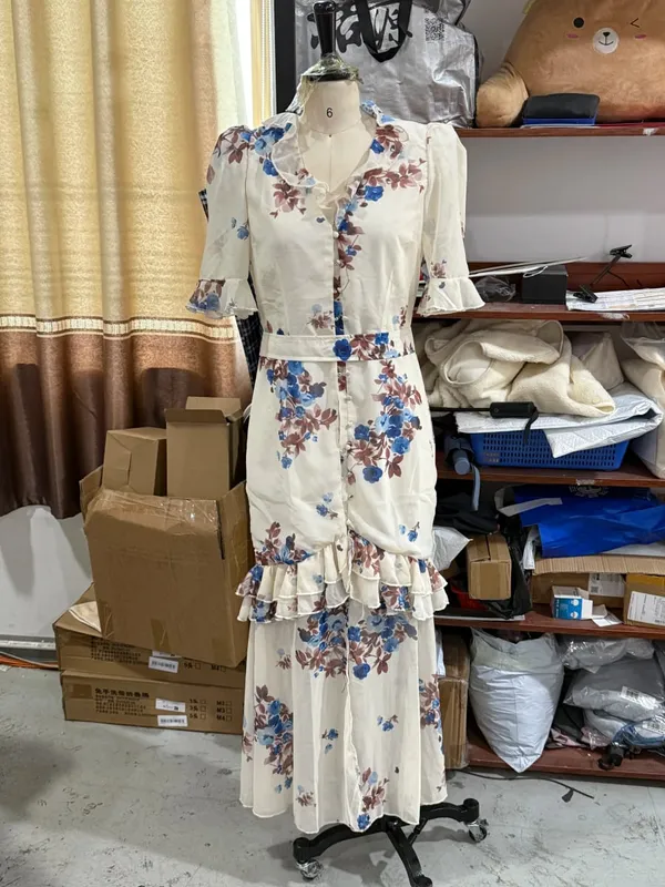 Stampa floreale Volant Scollo a V Vita stretta Abiti lunghi Orlo diviso Monopetto Maxi vestito 2026 Party Beach Vacation Abiti — image 11