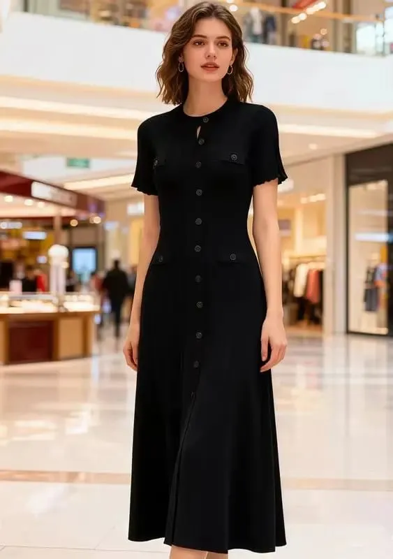 Musim Panas Wanita Elegant Rajutan Single Breasted Gaun Panjang Wanita Lengan Pendek O Leher Butang Bodycon Pesta Vestidos Wanita — image 4