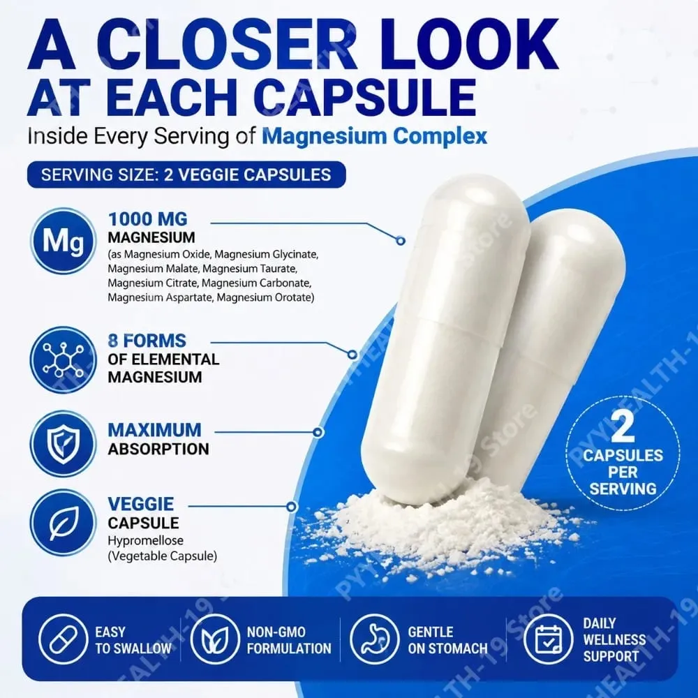 Kapsul Kompleks Magnesium 8 Bentuk 1000mg Oksida Glisinat Malat Untuk Tidur Otot & Kesihatan Tulang Sokongan Dewasa 90 Kiraan — image 6