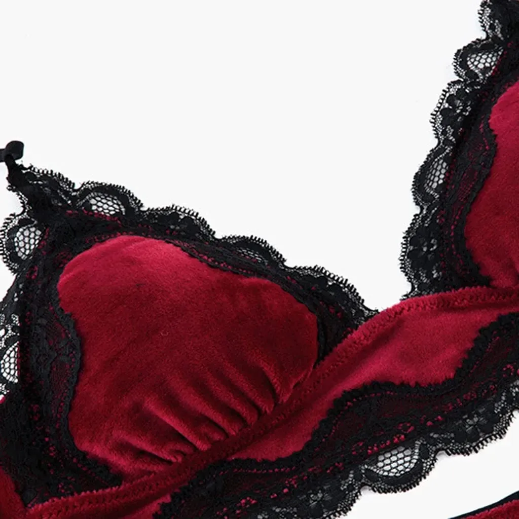 Solido Comodo Velluto Lingerie Per Le Donne Pizzo Floreale Riunito Reggiseni E Perizoma Set 2 Pezzi Seducente Lingerie Sexy Indumenti Da Notte Pigiama Set — image 5