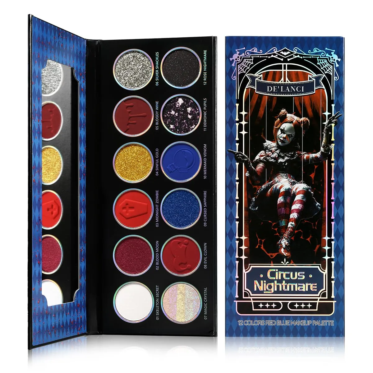 อายแชโดว์ Palette 12 สี Chameleon Metallic Silver Shimmer Black Goth Clown ฮาโลวีนยาวแต่งหน้า Vegan Eye 17g — image 1
