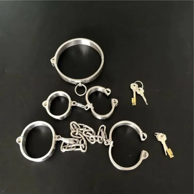 Stainless Steel Lockable Neck Collar Hand Ankle Cuffs Slave BDSM Tool Bondage Handcuffs Leg Irons Restraints Sex Toy for Couples — image 2