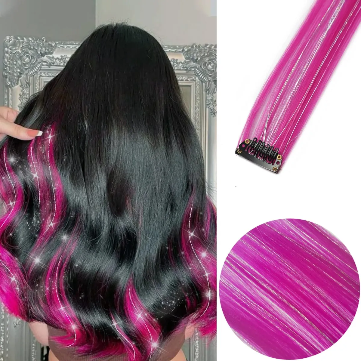 Estensioni per capelli colorati Orpelli misti argento Clip sintetica nei capelli Parrucchino arcobaleno Punti salienti della festa per le donne Ragazze — image 2