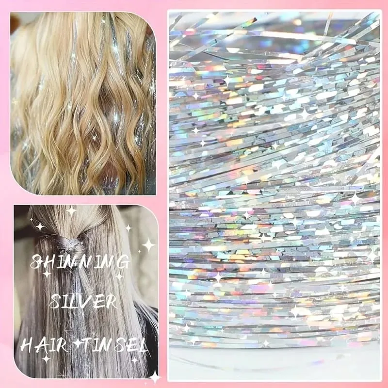 90cm Synthetic 3pcs/set Rainbow Colored Shiny Hair Laser Tinsel Long Straight Heat-Resistant Fairy Hair Extensions Party Daily — image 5