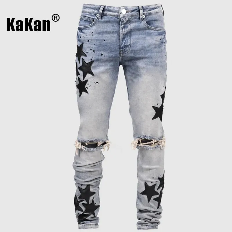 Kakan - New Men's Blue Slim Fit Patch Jeans Y2k Printed Design Long Jeans Jeans Man Brand — image 5
